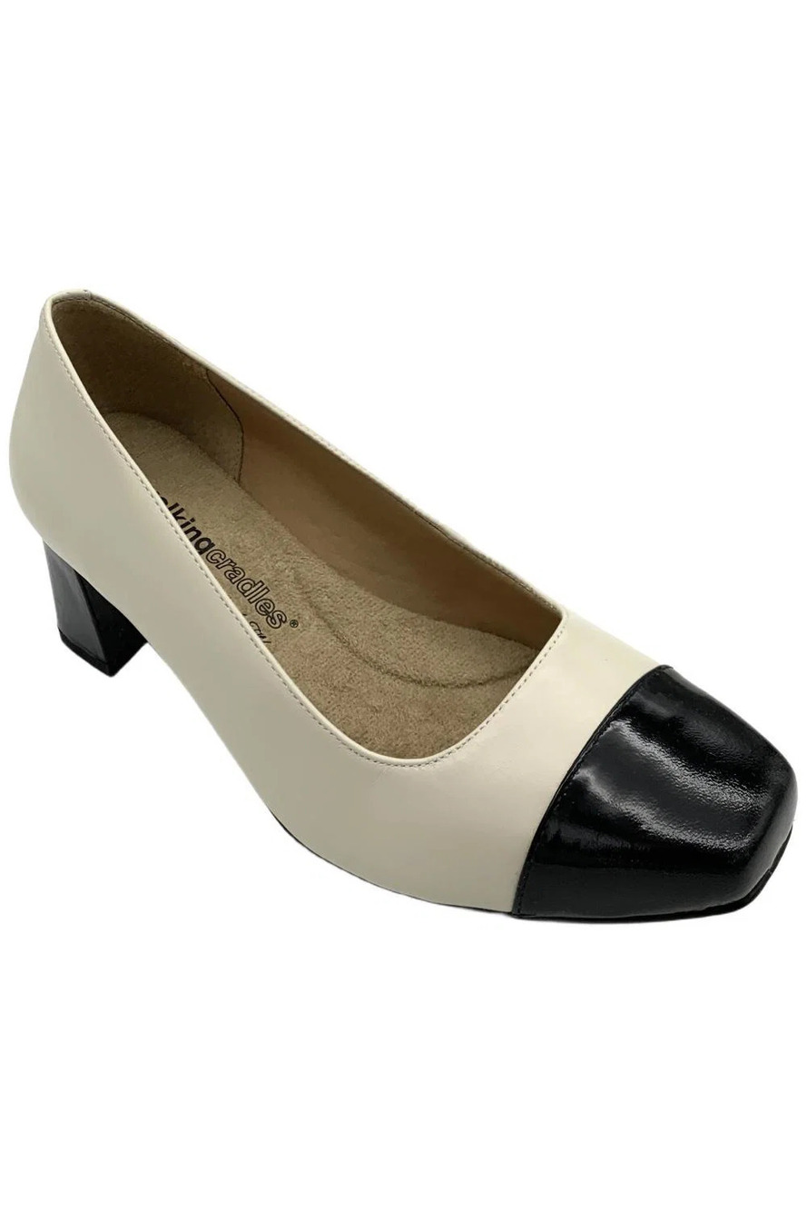 Walking Cradles Women's Mira Slip-On Heels Ivory/Black Patent - Extra Wide